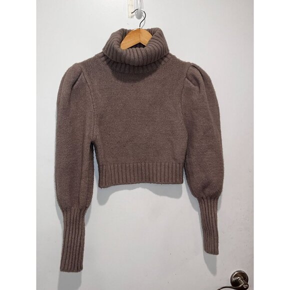 Zara Brown Cropped Turtleneck Puff Sleeves & Ribbed Cuffs Women's Sweater Size M - Picture 4 of 9